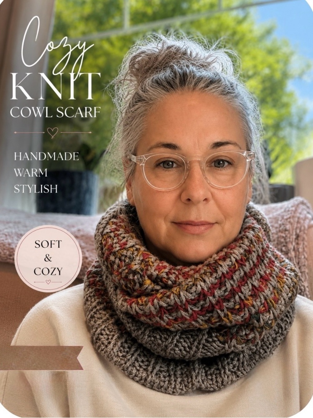 Cozy Knit Cowl Scarf in Multicolor & Gray